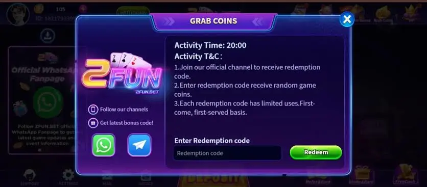 2Fun Bet in-app promotion panel with redemption code entry field and social channel links